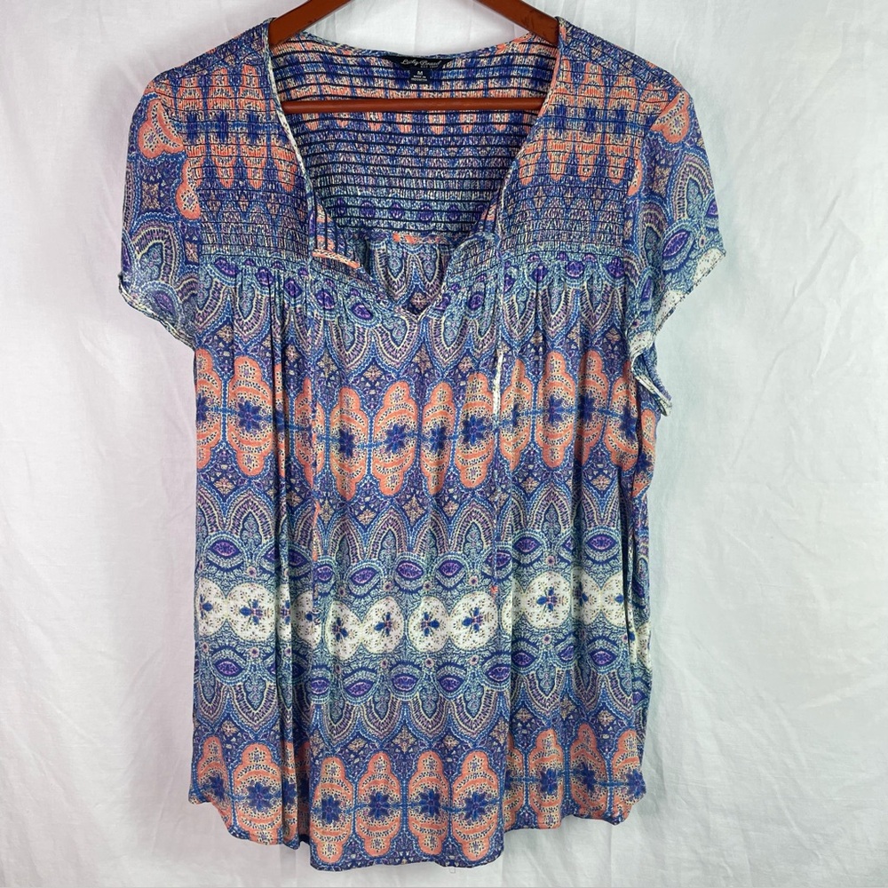 LUCKY BRAND Women's Smocked Peasant Tunic Top Size M Boho Blouse Hippie Purple